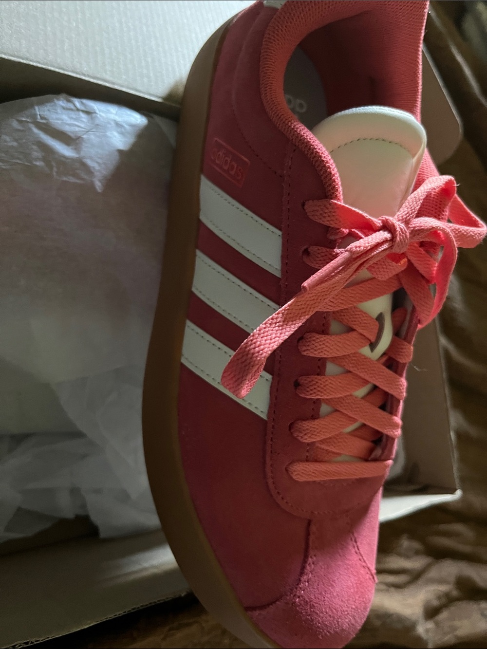 Adidas coral colored Suede Low-Top Sneakers with White Stripes - Picture 2 of 7